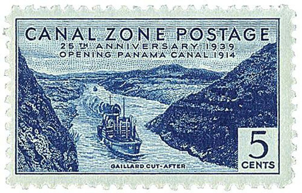 CZ123 - 1939 5c Canal Zone - Galliard Cut After, Flat Plate Printing, unwatermarked, dark blue