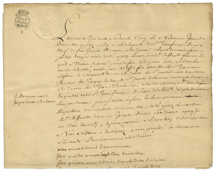 Embossed tax document. In most cases, stamps weren’t used, rather documents were embossed. Most surviving examples are from Canada as American colonists hated the tax and refused to pay it.